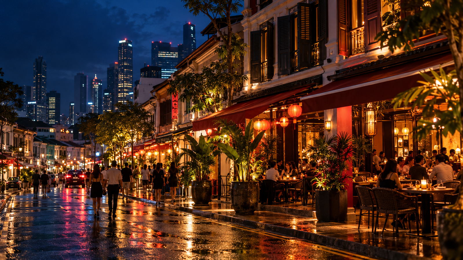 A lively Singapore dining street glowing after rain